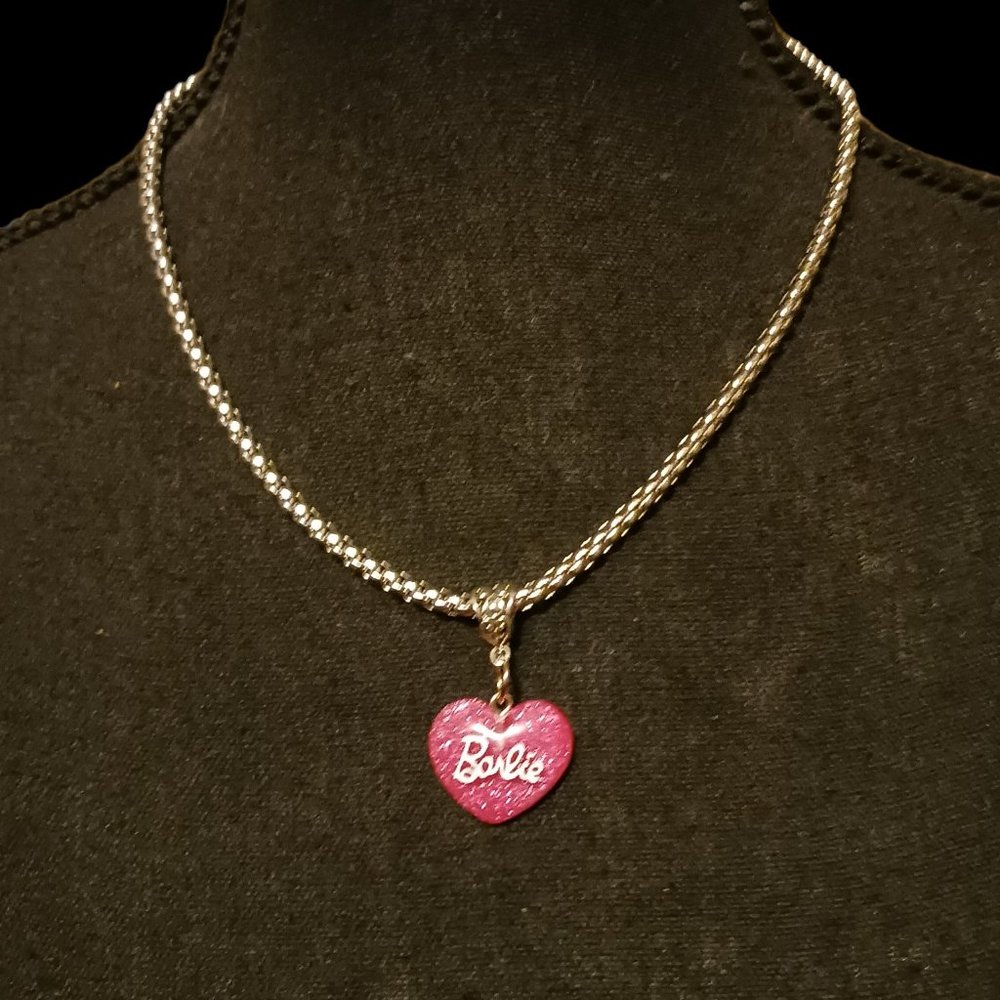 Barbie Pink Glitter Puffy Heart Necklace
